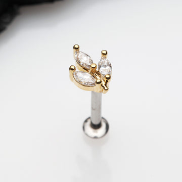 Detail View 1 of Golden Marquise Sparkle Leaf Top Threadless Push-In Steel Labret-Clear Gem